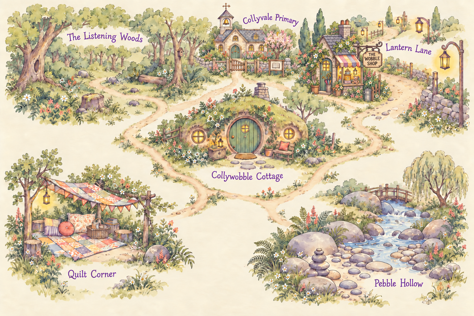 A storybook map of Collyvale. Paths connect the Listening Woods, Collyvale Primary, Lantern Lane, the Collywobble Burrow, Quilt Corner and Pebble Hollow.