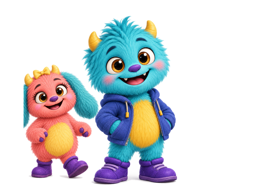 Ollie and Bella, two colourful smiling Collywobbles, ready to welcome you